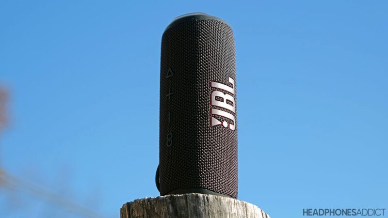 JBL Flip 6 en un palo de madera