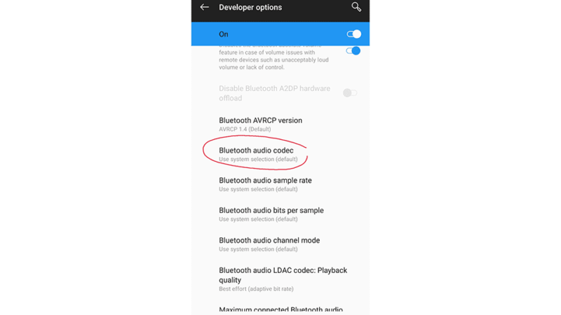 Menú de códec Android-Bluetooth